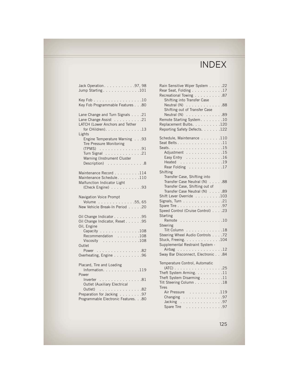 Index | Jeep 2013 Wrangler - User Guide User Manual | Page 127 / 132