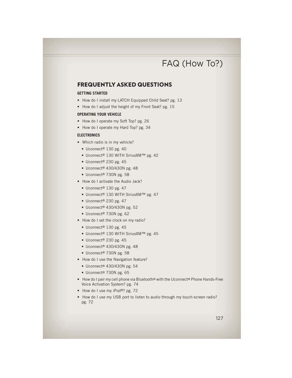 Faq (how to?), Frequently asked questions | Jeep 2013 Wrangler - User Guide User Manual | Page 129 / 132