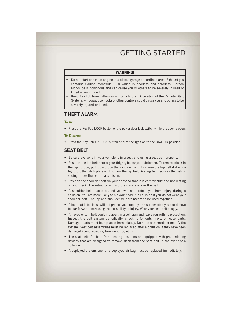 Theft alarm, To arm, To disarm | Seat belt, Theft alarm seat belt, Getting started | Jeep 2013 Wrangler - User Guide User Manual | Page 13 / 132