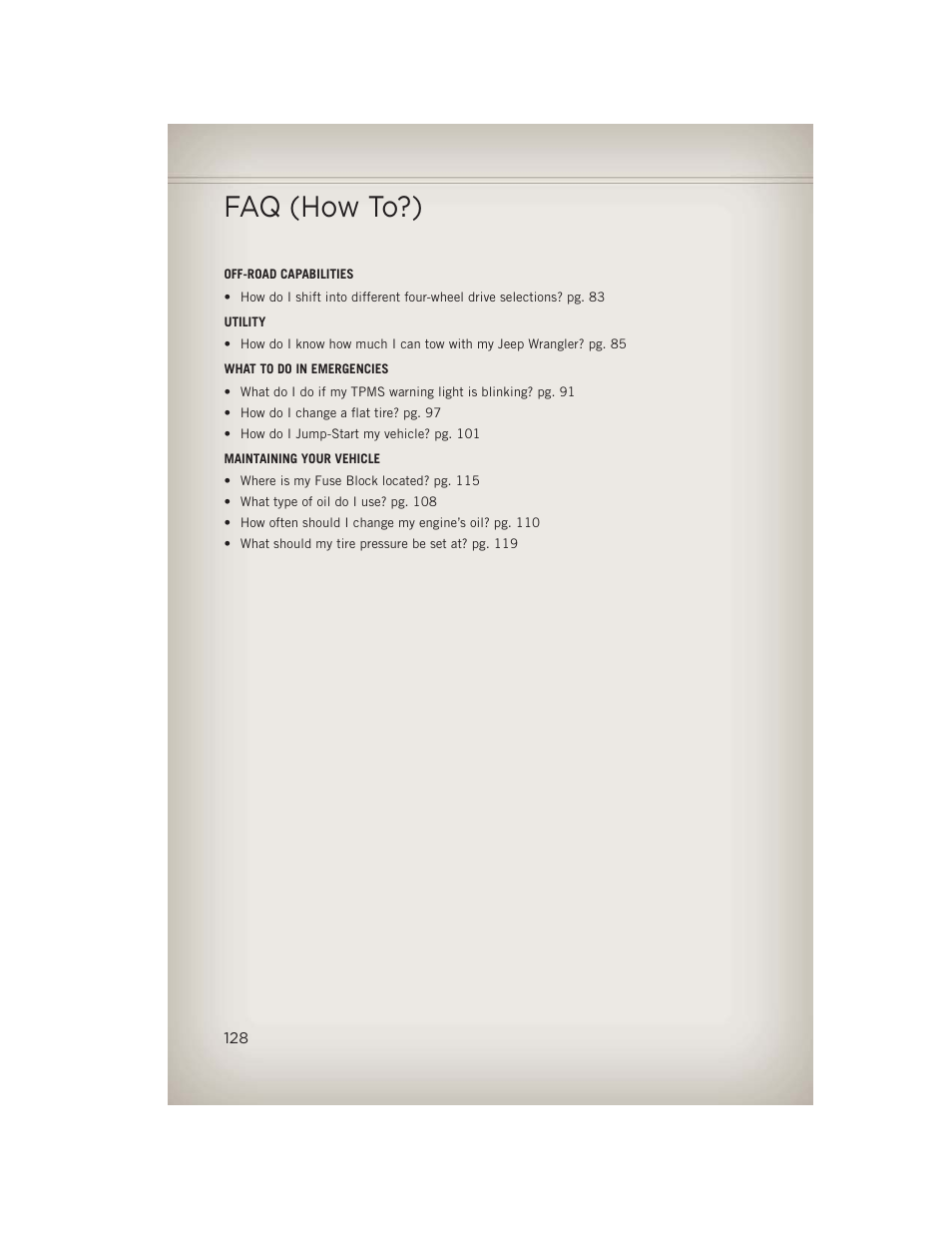 Faq (how to?) | Jeep 2013 Wrangler - User Guide User Manual | Page 130 / 132