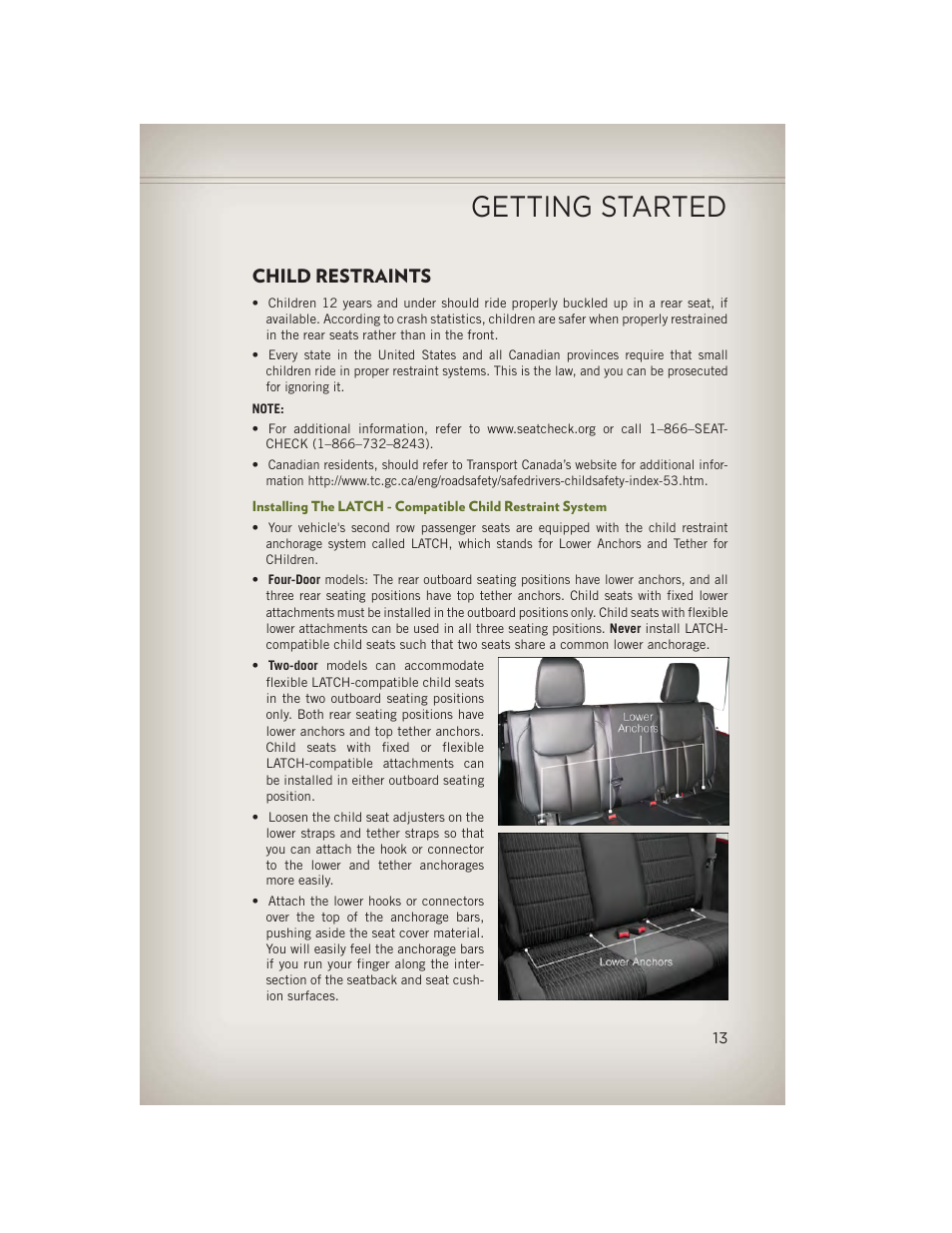 Child restraints, Getting started | Jeep 2013 Wrangler - User Guide User Manual | Page 15 / 132