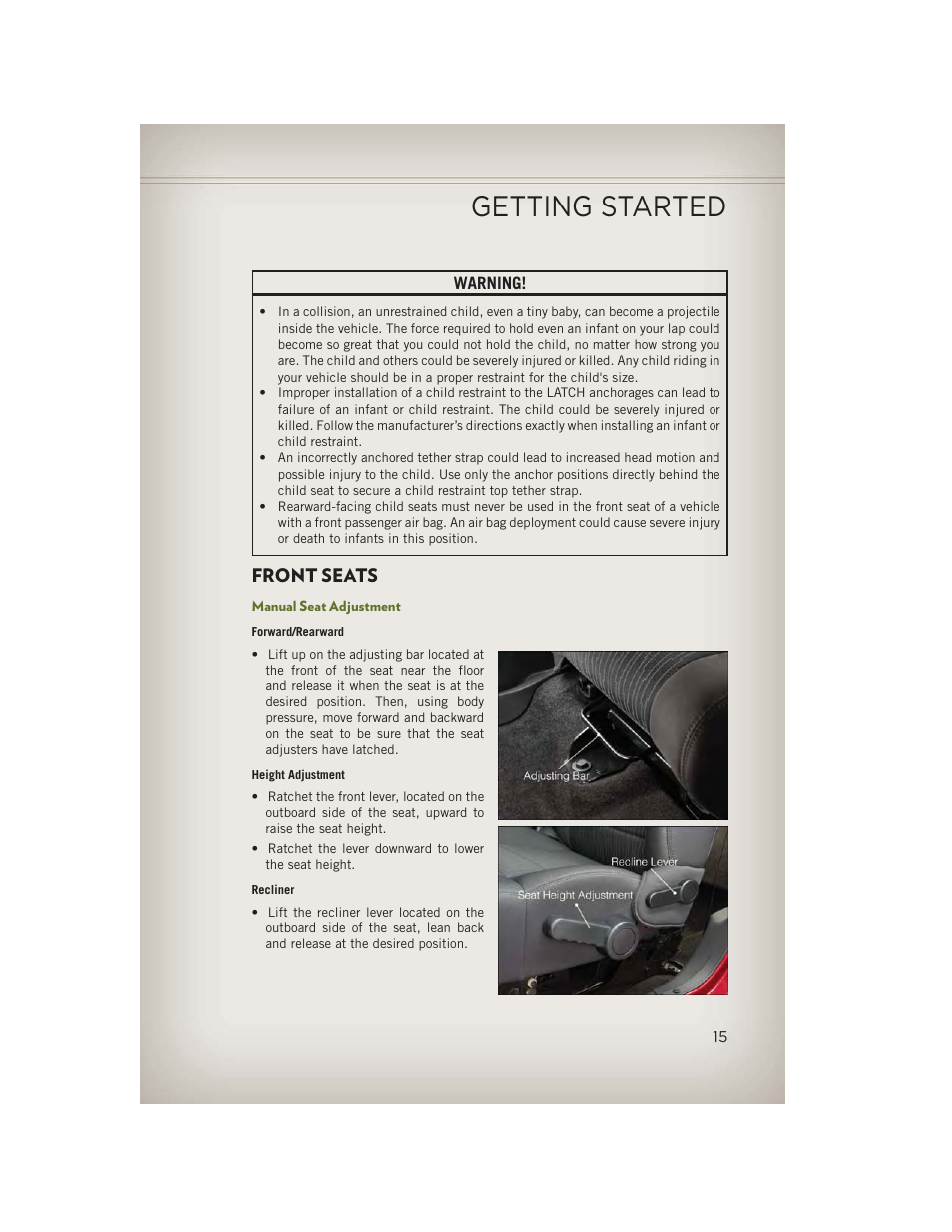 Front seats, Manual seat adjustment, Getting started | Jeep 2013 Wrangler - User Guide User Manual | Page 17 / 132