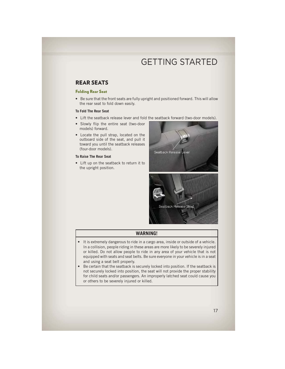 Rear seats, Folding rear seat, Getting started | Jeep 2013 Wrangler - User Guide User Manual | Page 19 / 132