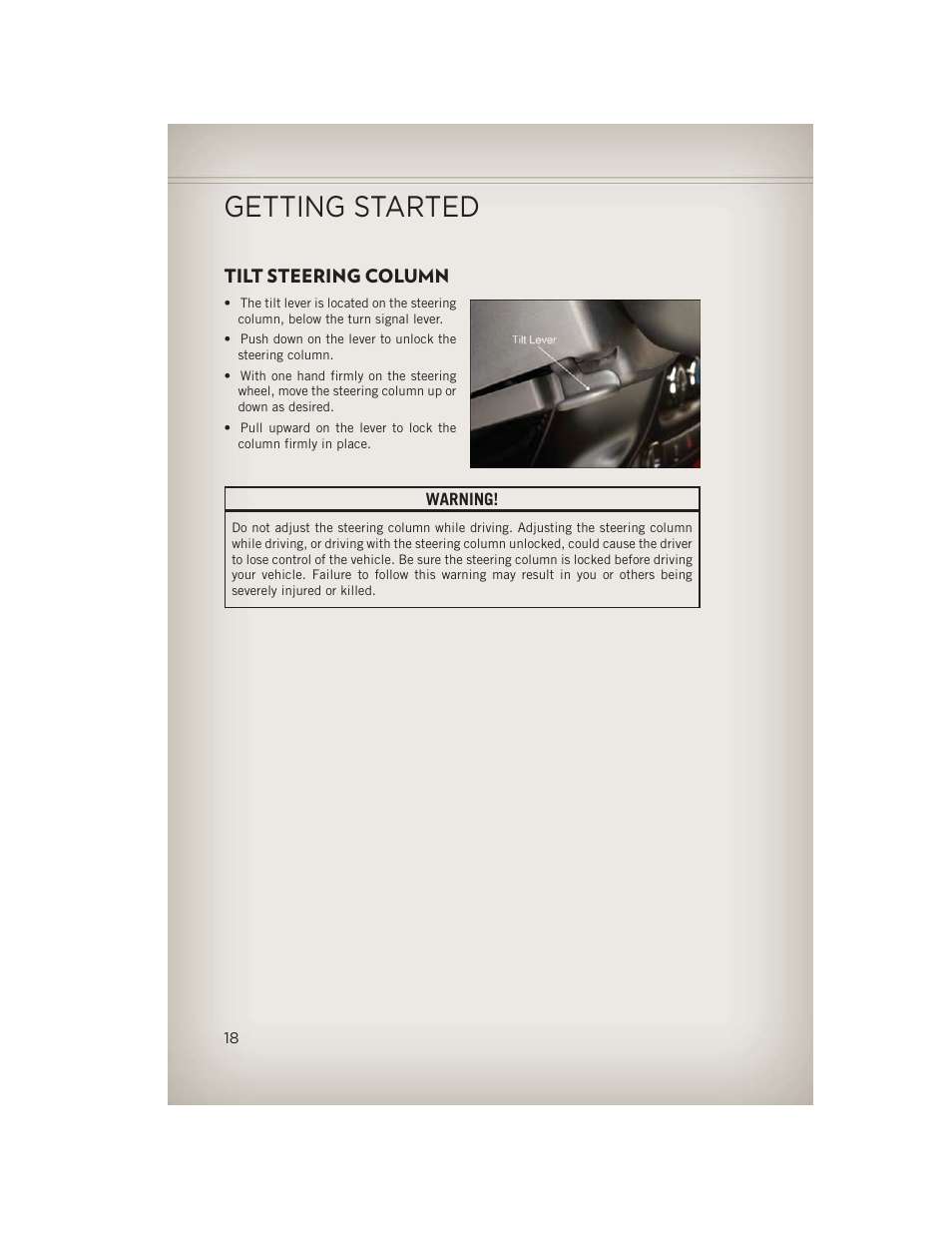 Tilt steering column, Getting started | Jeep 2013 Wrangler - User Guide User Manual | Page 20 / 132