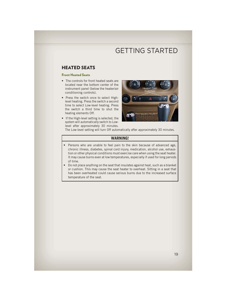 Heated seats, Front heated seats, Getting started | Jeep 2013 Wrangler - User Guide User Manual | Page 21 / 132