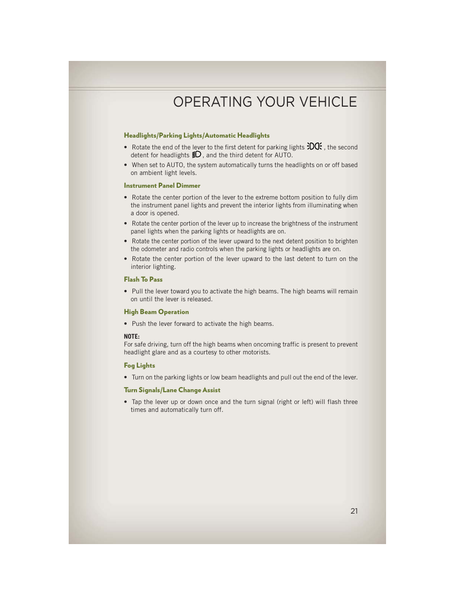 Headlights/parking lights/automatic headlights, Instrument panel dimmer, Flash to pass | High beam operation, Fog lights, Turn signals/lane change assist, Operating your vehicle | Jeep 2013 Wrangler - User Guide User Manual | Page 23 / 132