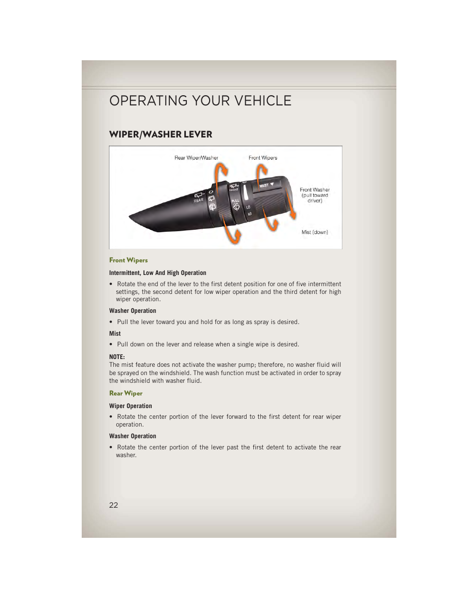 Wiper/washer lever, Front wipers, Rear wiper | Operating your vehicle | Jeep 2013 Wrangler - User Guide User Manual | Page 24 / 132