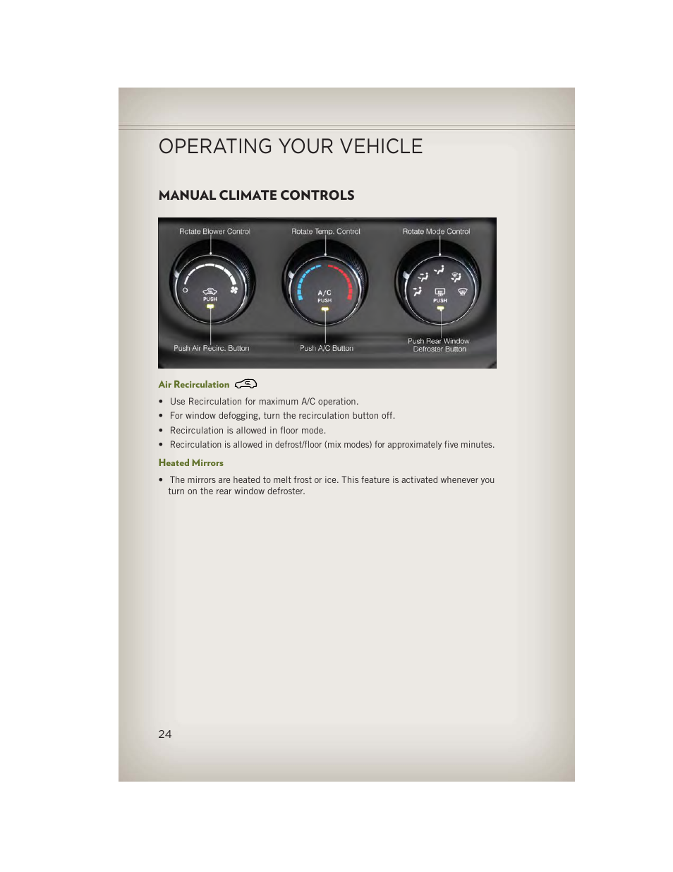 Manual climate controls, Air recirculation, Heated mirrors | Operating your vehicle | Jeep 2013 Wrangler - User Guide User Manual | Page 26 / 132