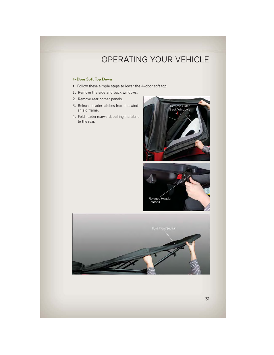 4–door soft top down, Operating your vehicle | Jeep 2013 Wrangler - User Guide User Manual | Page 33 / 132