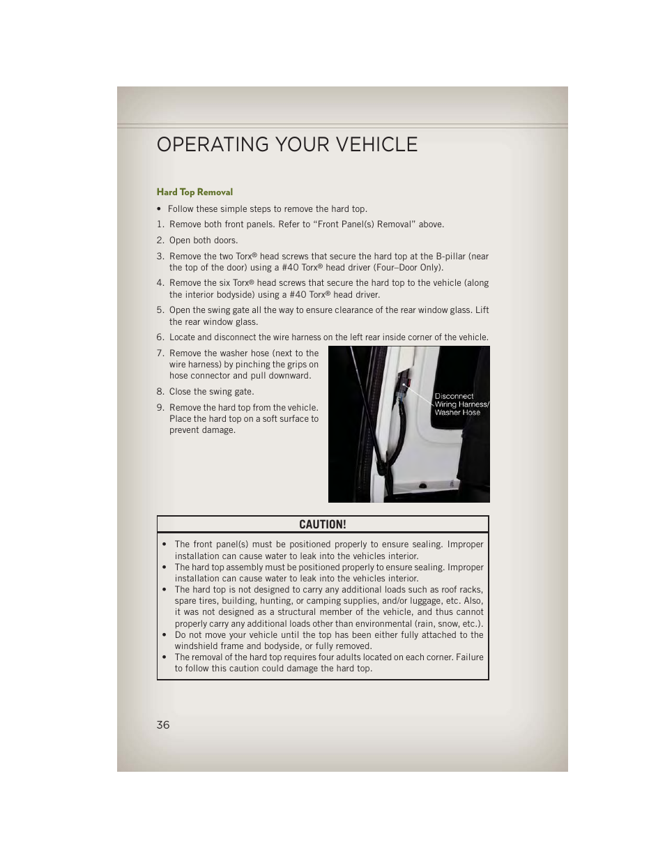 Hard top removal, Operating your vehicle, Caution | Jeep 2013 Wrangler - User Guide User Manual | Page 38 / 132