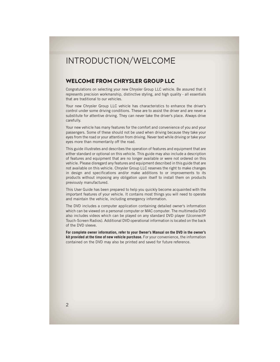 Introduction/welcome, Welcome from chrysler group llc | Jeep 2013 Wrangler - User Guide User Manual | Page 4 / 132