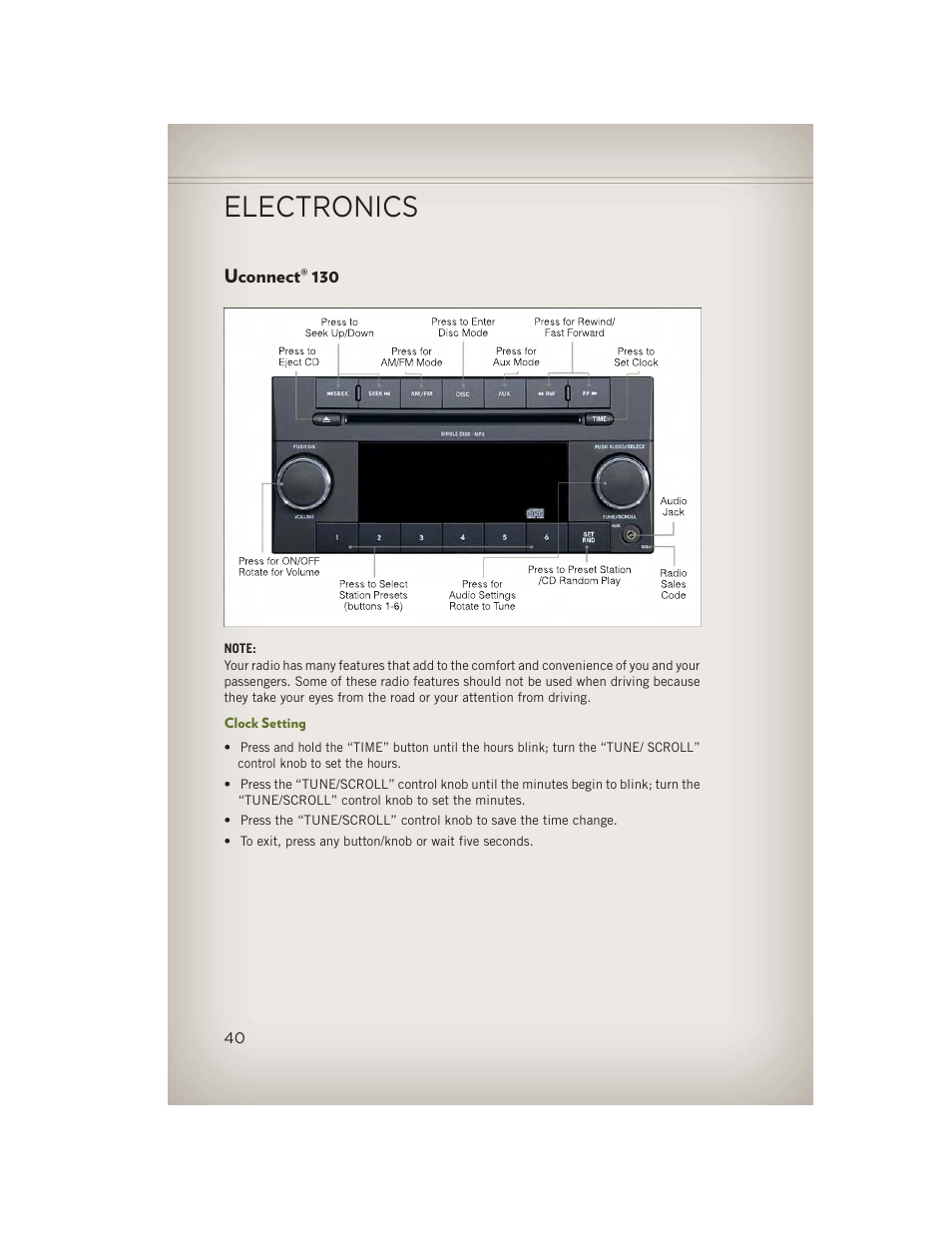 Uconnect® 130, Clock setting, Uconnect | Electronics | Jeep 2013 Wrangler - User Guide User Manual | Page 42 / 132