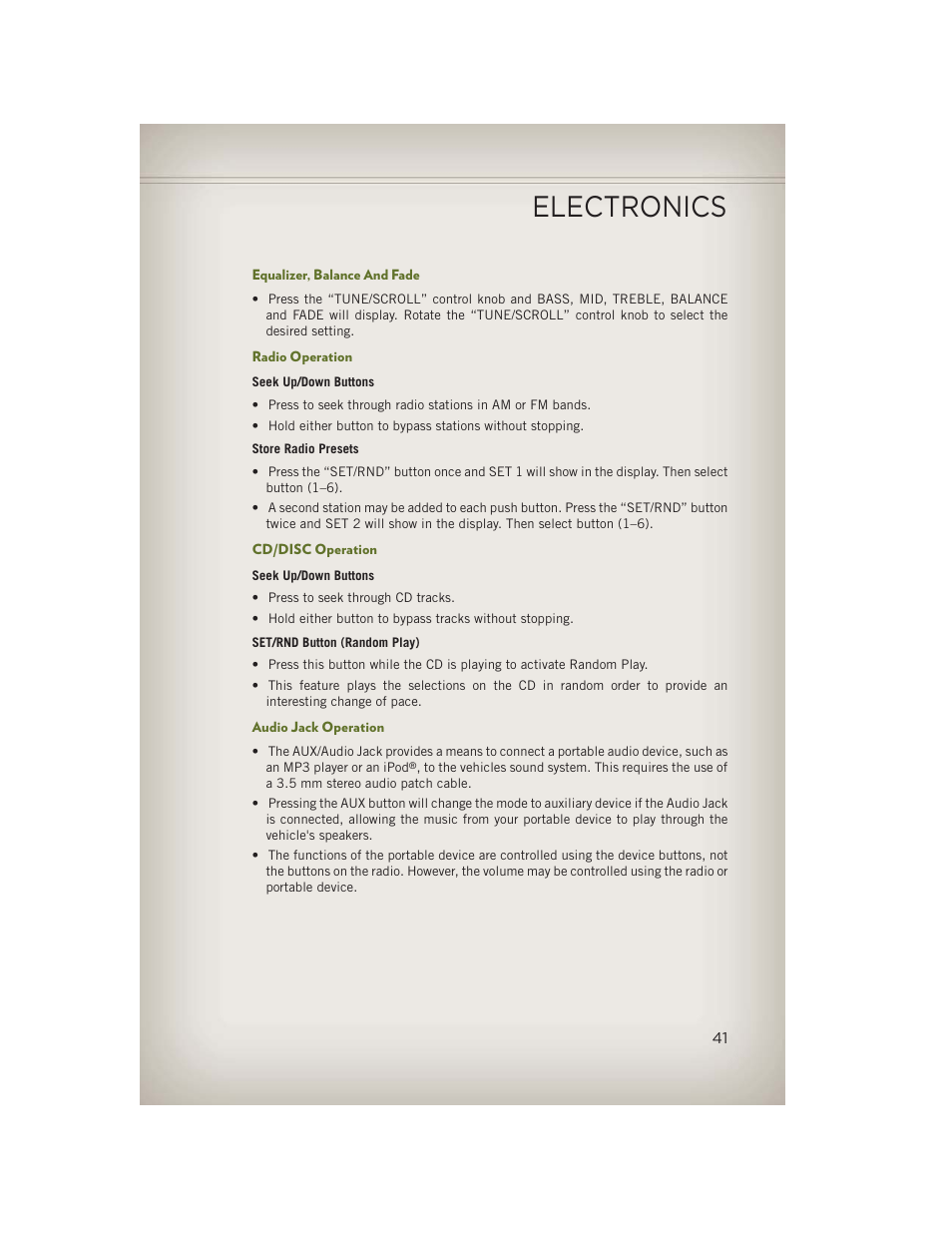 Equalizer, balance and fade, Radio operation, Cd/disc operation | Audio jack operation, Electronics | Jeep 2013 Wrangler - User Guide User Manual | Page 43 / 132