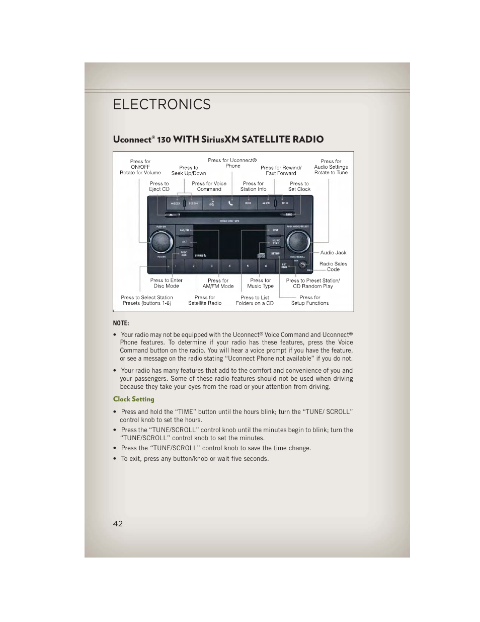 Uconnect® 130 with siriusxm satellite radio, Clock setting, Uconnect | 130 with siriusxm, Satellite radio, Electronics | Jeep 2013 Wrangler - User Guide User Manual | Page 44 / 132