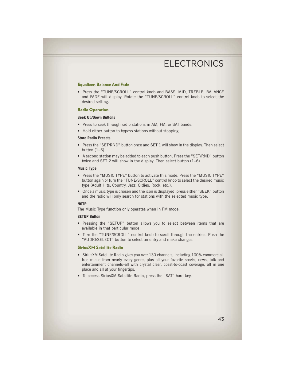 Equalizer, balance and fade, Radio operation, Siriusxm satellite radio | Electronics | Jeep 2013 Wrangler - User Guide User Manual | Page 45 / 132