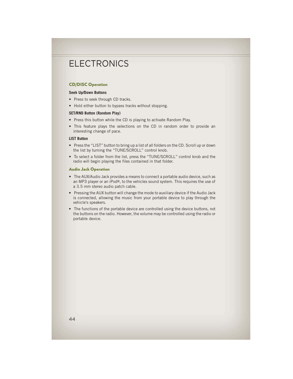 Cd/disc operation, Audio jack operation, Electronics | Jeep 2013 Wrangler - User Guide User Manual | Page 46 / 132