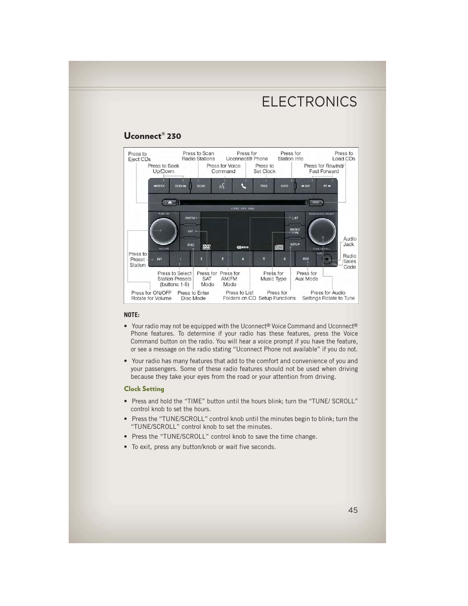 Uconnect® 230, Clock setting, Uconnect | Electronics | Jeep 2013 Wrangler - User Guide User Manual | Page 47 / 132