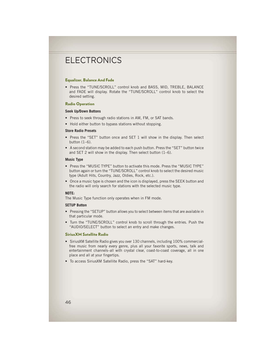 Equalizer, balance and fade, Radio operation, Siriusxm satellite radio | Electronics | Jeep 2013 Wrangler - User Guide User Manual | Page 48 / 132