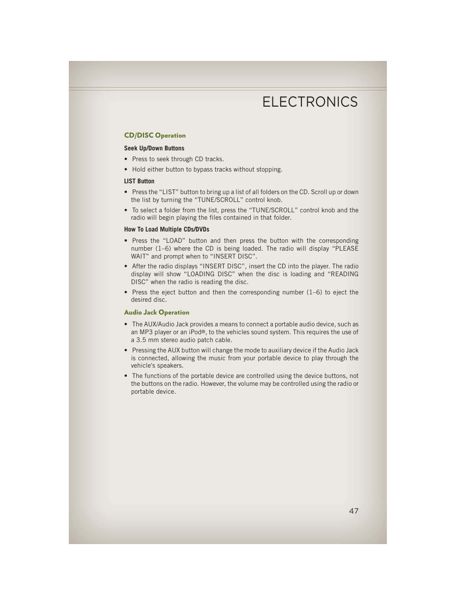 Cd/disc operation, Audio jack operation, Electronics | Jeep 2013 Wrangler - User Guide User Manual | Page 49 / 132