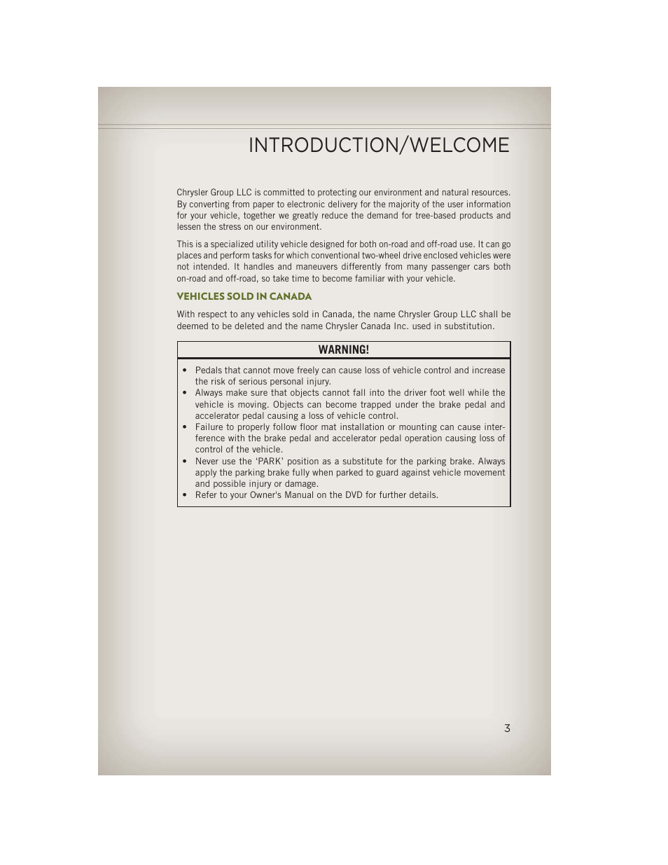 Vehicles sold in canada, Introduction/welcome | Jeep 2013 Wrangler - User Guide User Manual | Page 5 / 132