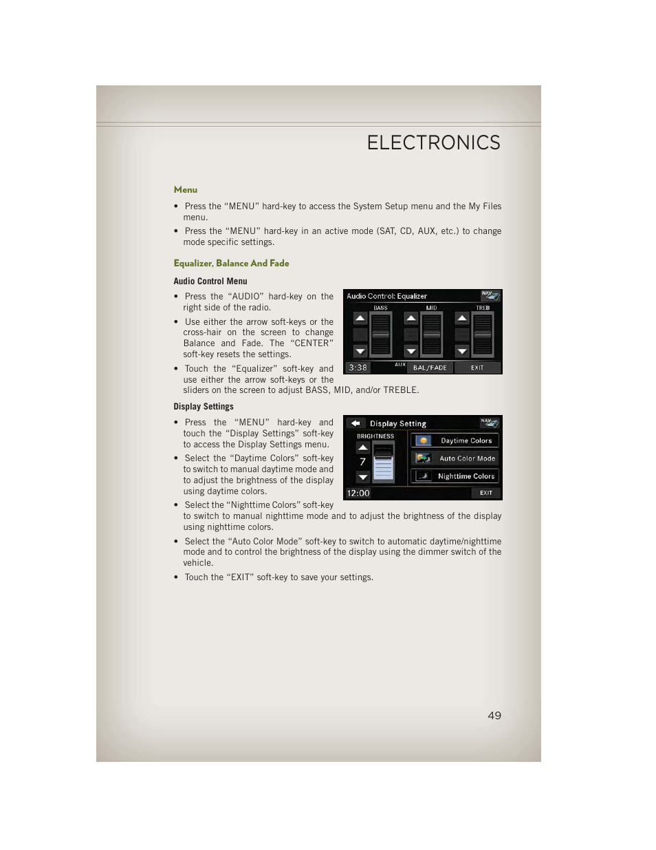 Menu, Equalizer, balance and fade, Electronics | Jeep 2013 Wrangler - User Guide User Manual | Page 51 / 132