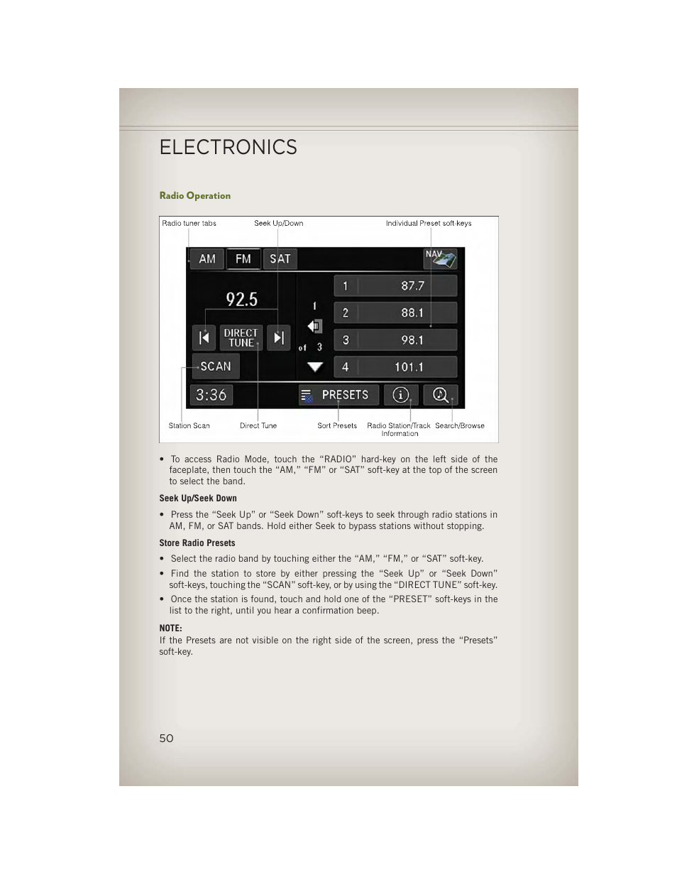 Radio operation, Electronics | Jeep 2013 Wrangler - User Guide User Manual | Page 52 / 132