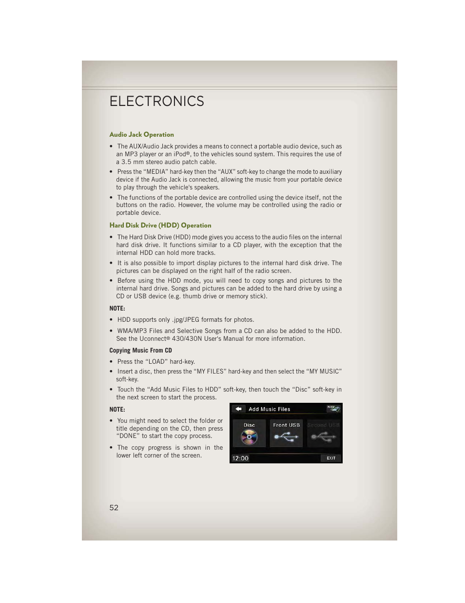 Audio jack operation, Hard disk drive (hdd) operation, Electronics | Jeep 2013 Wrangler - User Guide User Manual | Page 54 / 132