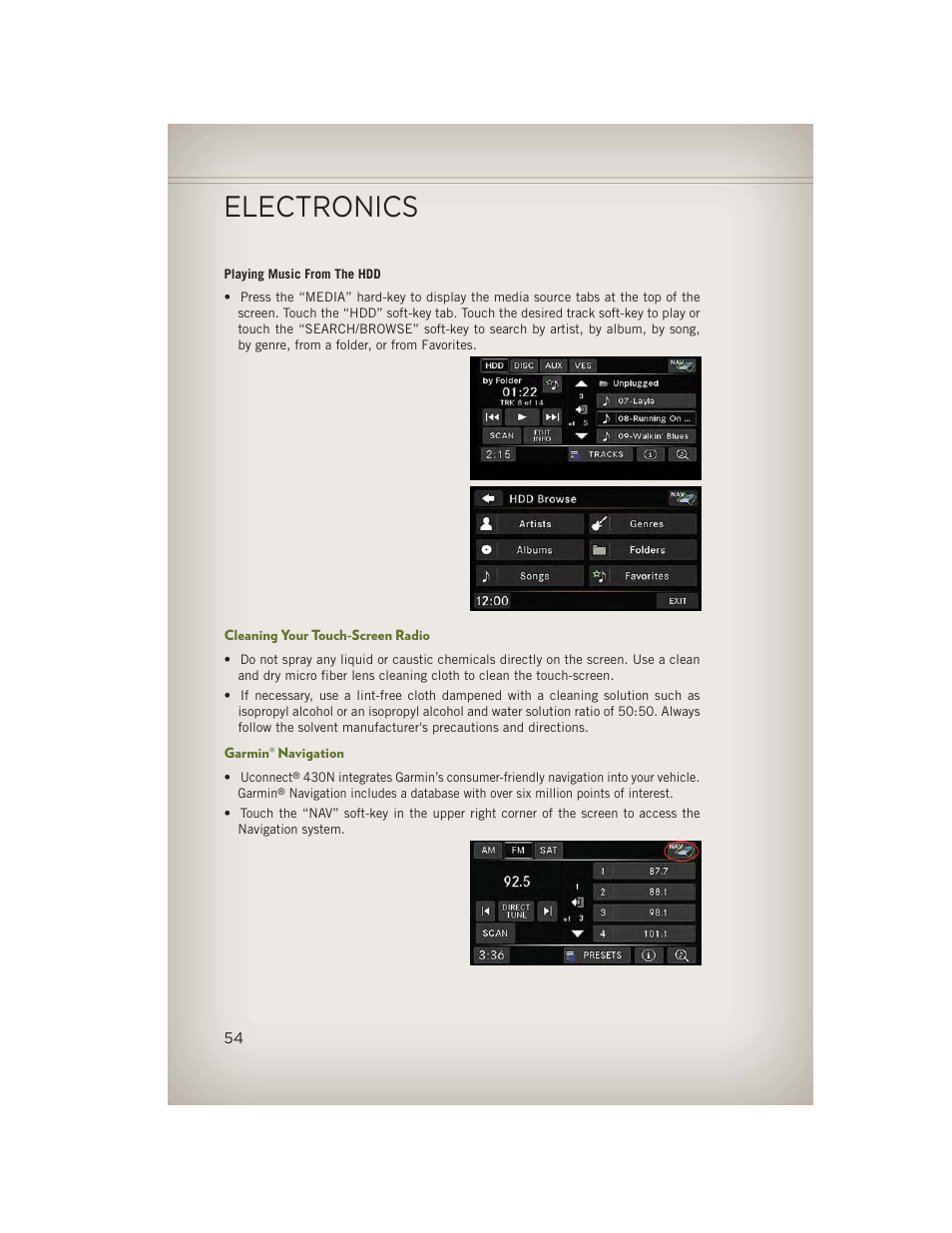 Cleaning your touch-screen radio, Garmin® navigation, Electronics | Jeep 2013 Wrangler - User Guide User Manual | Page 56 / 132