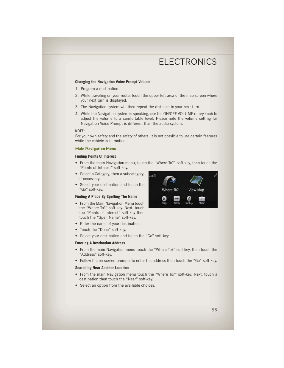 Main navigation menu, Electronics | Jeep 2013 Wrangler - User Guide User Manual | Page 57 / 132