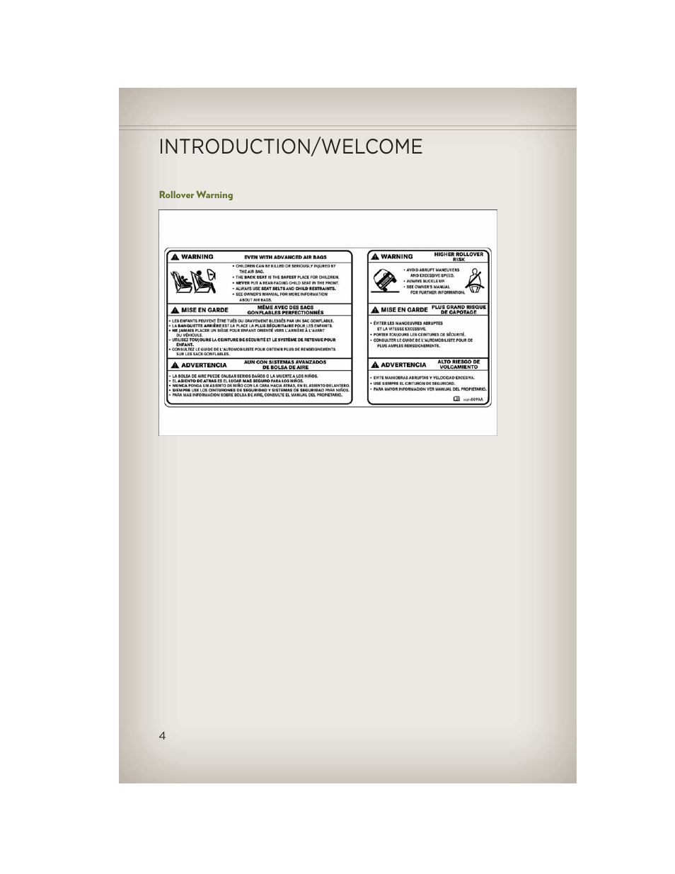 Rollover warning, Introduction/welcome | Jeep 2013 Wrangler - User Guide User Manual | Page 6 / 132