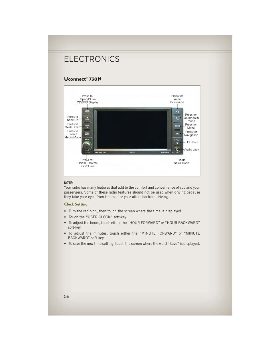 Uconnect® 730n, Clock setting, Uconnect | 730n, Electronics | Jeep 2013 Wrangler - User Guide User Manual | Page 60 / 132