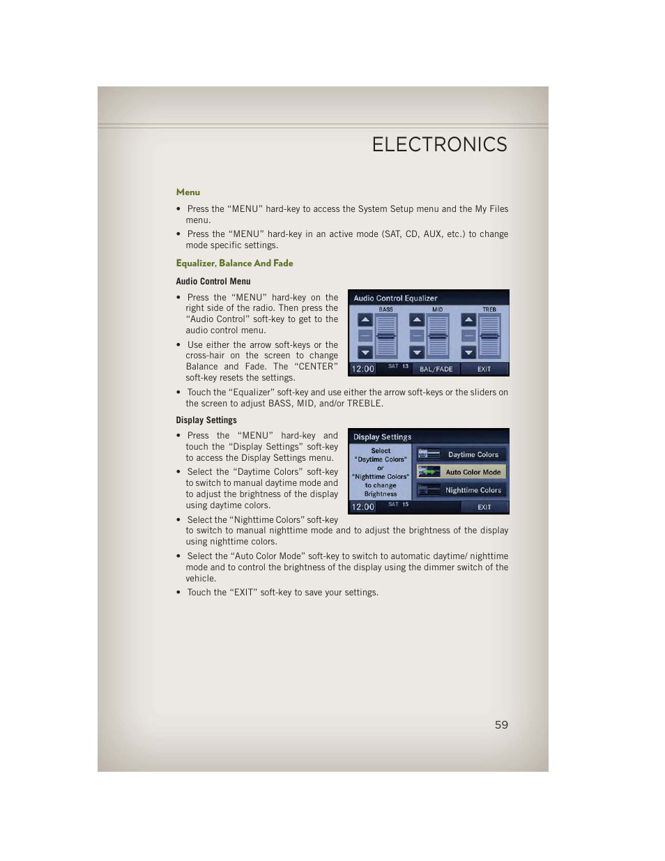 Menu, Equalizer, balance and fade, Electronics | Jeep 2013 Wrangler - User Guide User Manual | Page 61 / 132