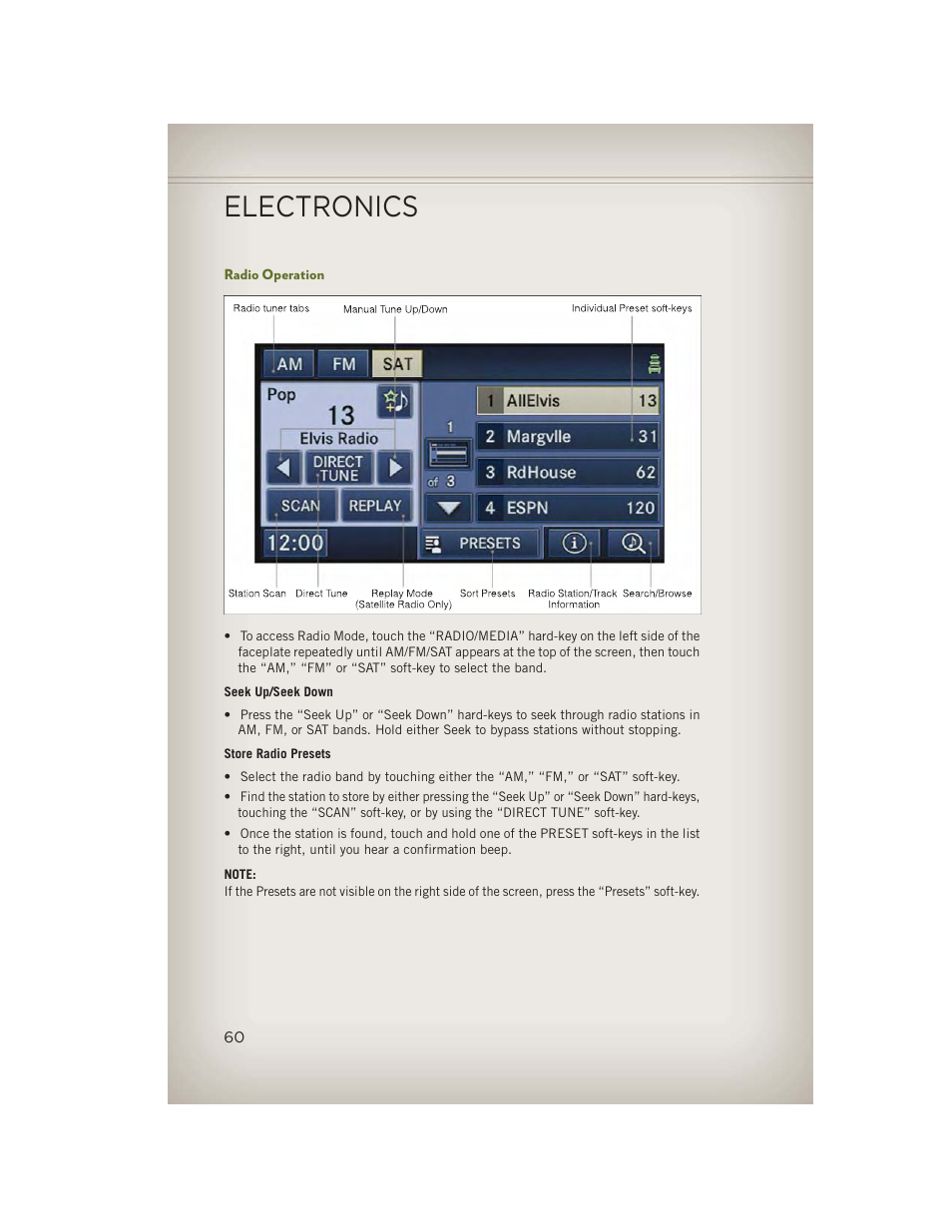 Radio operation, Electronics | Jeep 2013 Wrangler - User Guide User Manual | Page 62 / 132