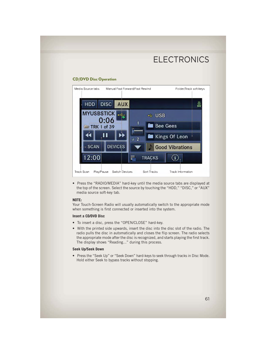 Cd/dvd disc operation, Electronics | Jeep 2013 Wrangler - User Guide User Manual | Page 63 / 132