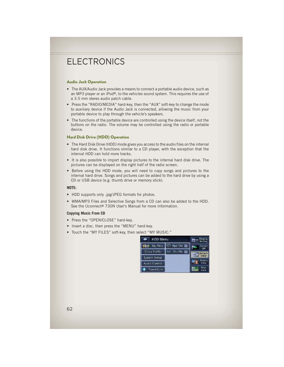 Audio jack operation, Hard disk drive (hdd) operation, Electronics | Jeep 2013 Wrangler - User Guide User Manual | Page 64 / 132