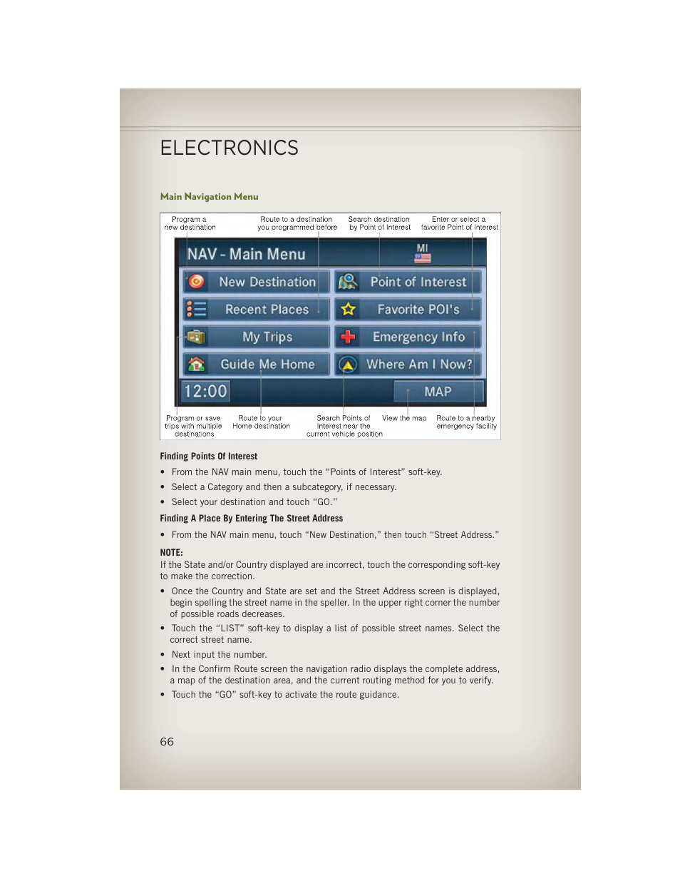 Main navigation menu, Electronics | Jeep 2013 Wrangler - User Guide User Manual | Page 68 / 132