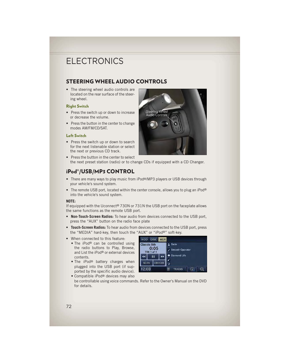 Steering wheel audio controls, Right switch, Left switch | Ipod®/usb/mp3 control, Steering wheel audio controls ipod, Usb/mp3 control, Electronics | Jeep 2013 Wrangler - User Guide User Manual | Page 74 / 132