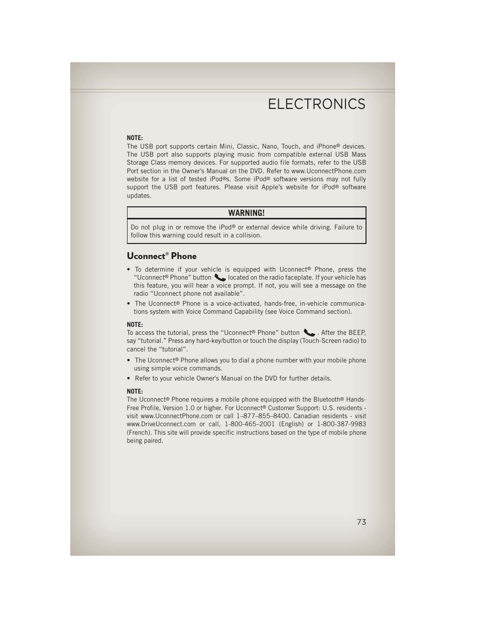 Uconnect® phone, Uconnect, Phone | Electronics, Warning | Jeep 2013 Wrangler - User Guide User Manual | Page 75 / 132