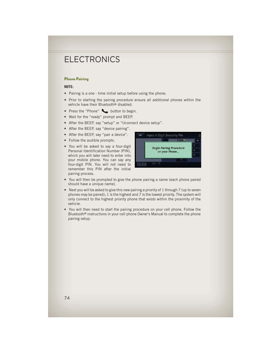 Phone pairing, Electronics | Jeep 2013 Wrangler - User Guide User Manual | Page 76 / 132