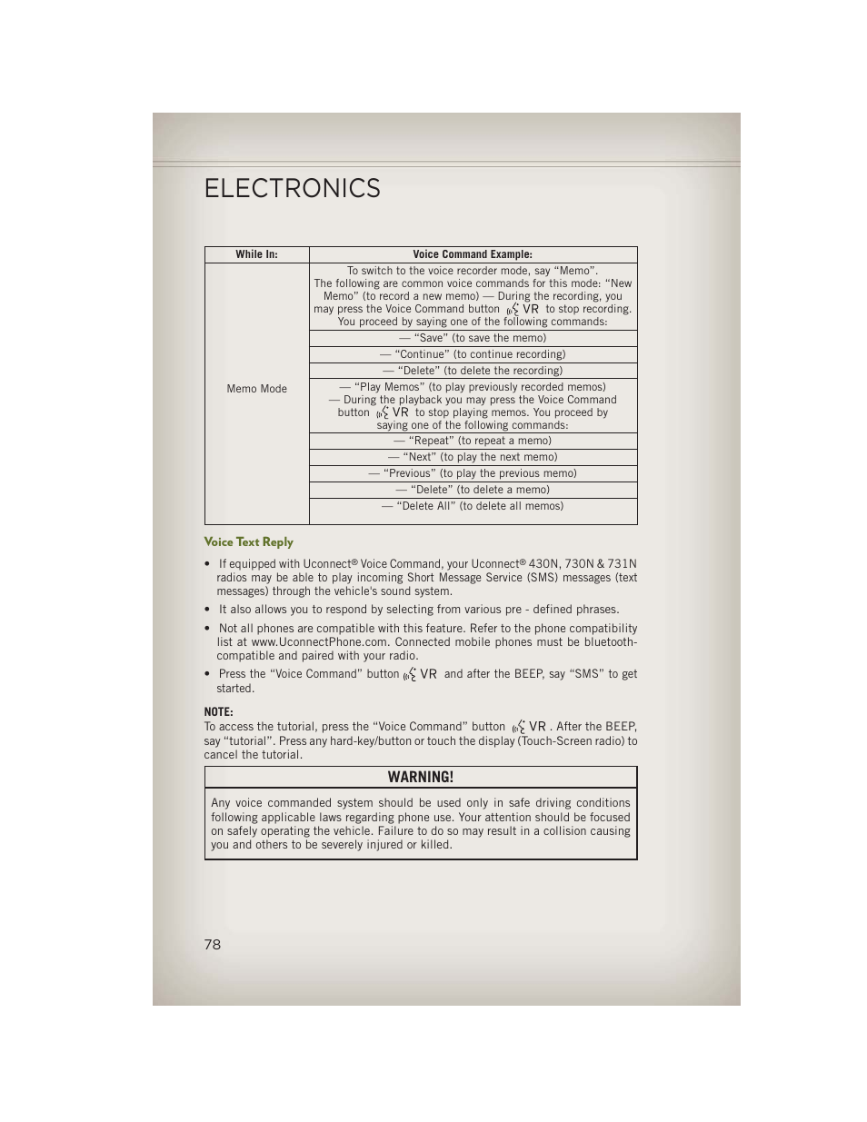 Voice text reply, Electronics, Warning | Jeep 2013 Wrangler - User Guide User Manual | Page 80 / 132