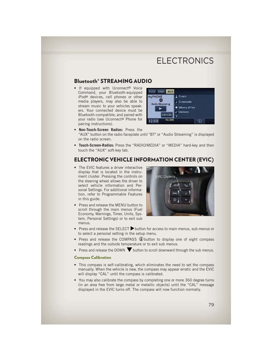 Bluetooth® streaming audio, Electronic vehicle information center (evic), Compass calibration | Bluetooth, Streaming audio, Electronics | Jeep 2013 Wrangler - User Guide User Manual | Page 81 / 132