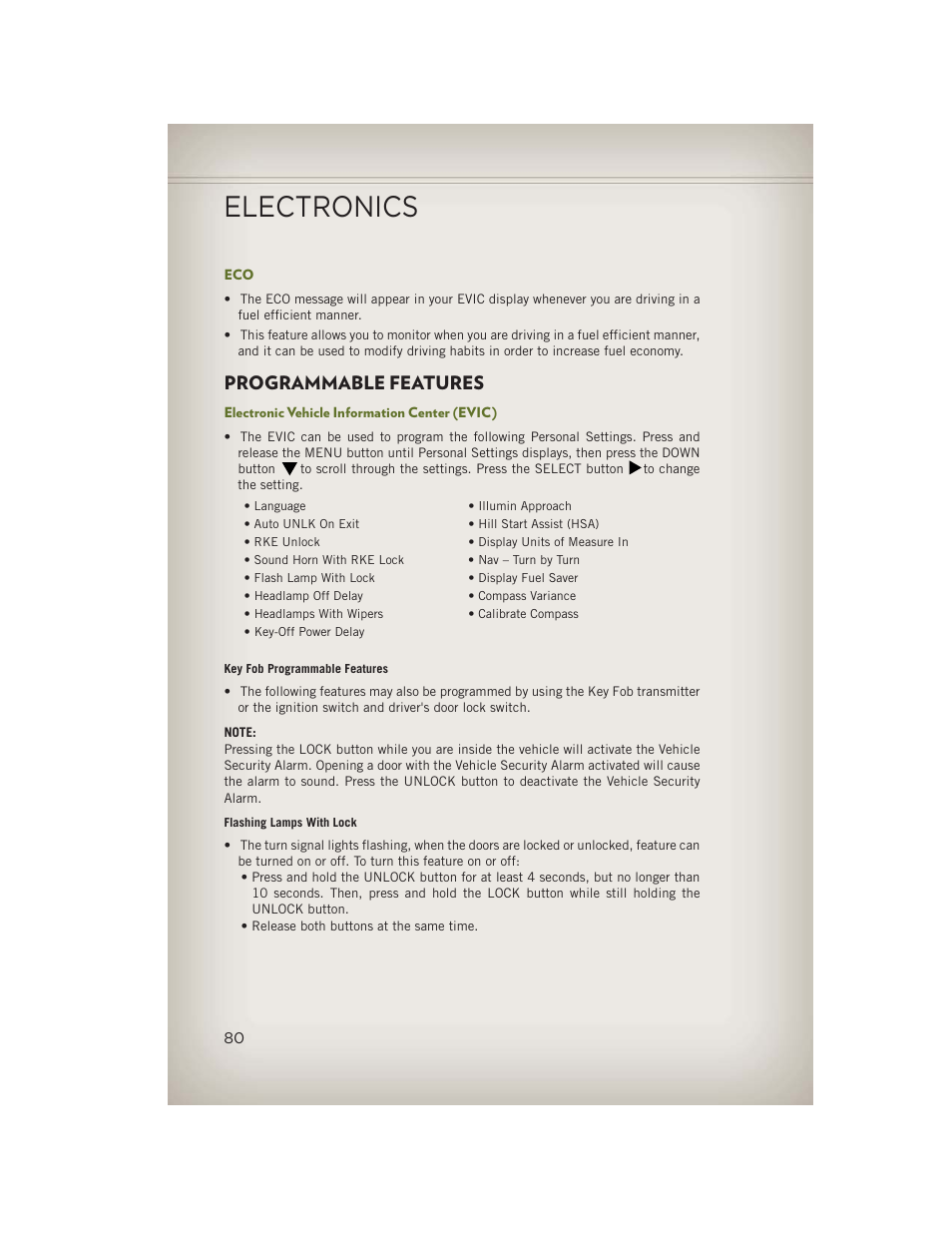 Programmable features, Electronic vehicle information center (evic), Electronics | Jeep 2013 Wrangler - User Guide User Manual | Page 82 / 132