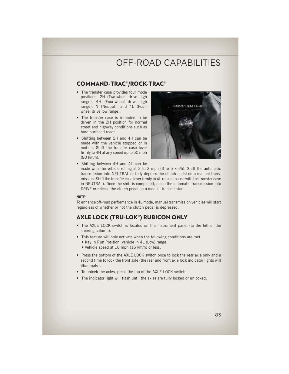 Off-road capabilities, Command-trac®/rock-trac, Axle lock (tru-lok®) rubicon only | Command-trac, Rock-trac, Axle lock (tru-lok, Rubicon only | Jeep 2013 Wrangler - User Guide User Manual | Page 85 / 132