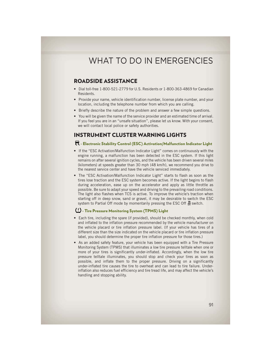 What to do in emergencies, Roadside assistance, Instrument cluster warning lights | Tire pressure monitoring system (tpms) light | Jeep 2013 Wrangler - User Guide User Manual | Page 93 / 132