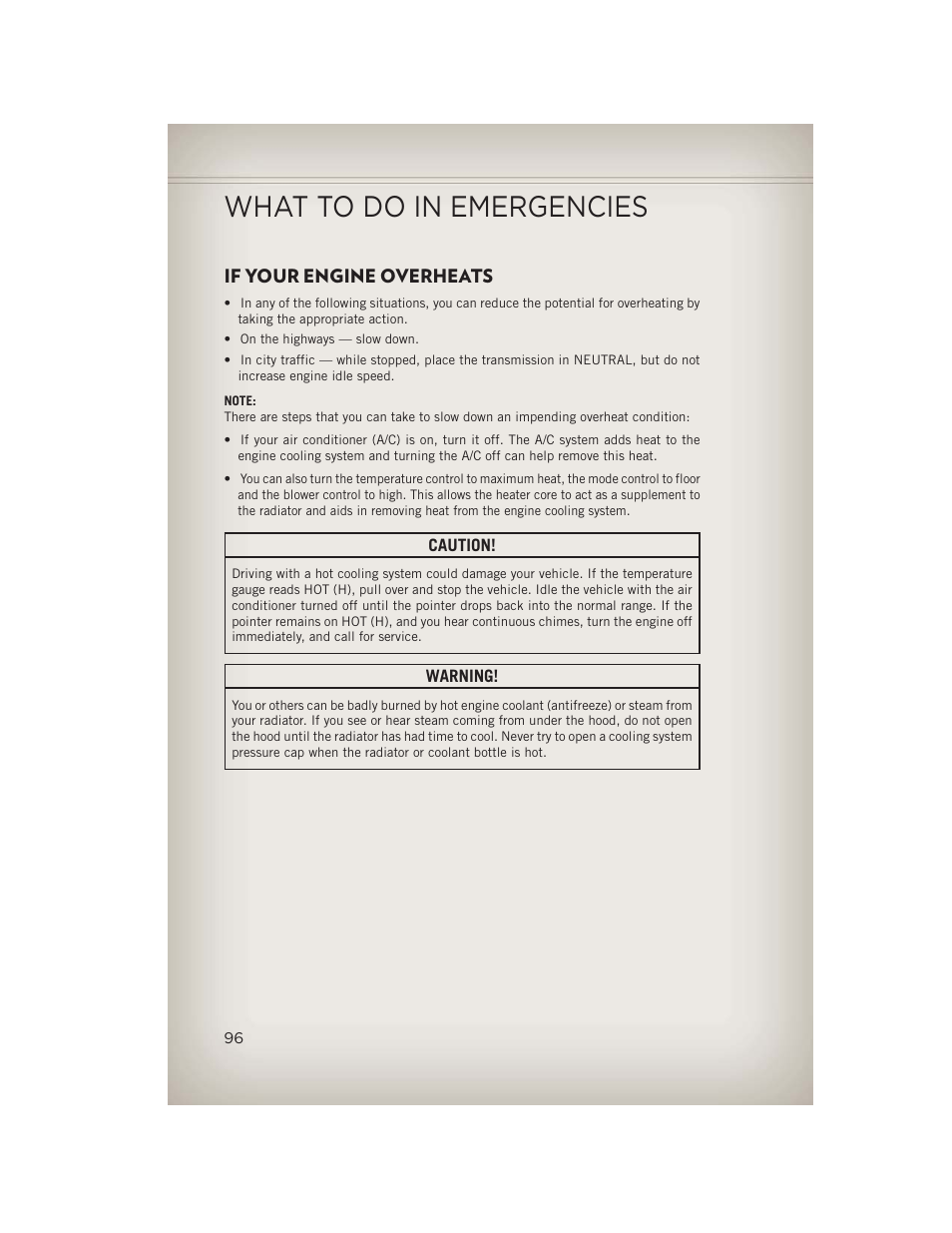 If your engine overheats, What to do in emergencies | Jeep 2013 Wrangler - User Guide User Manual | Page 98 / 132