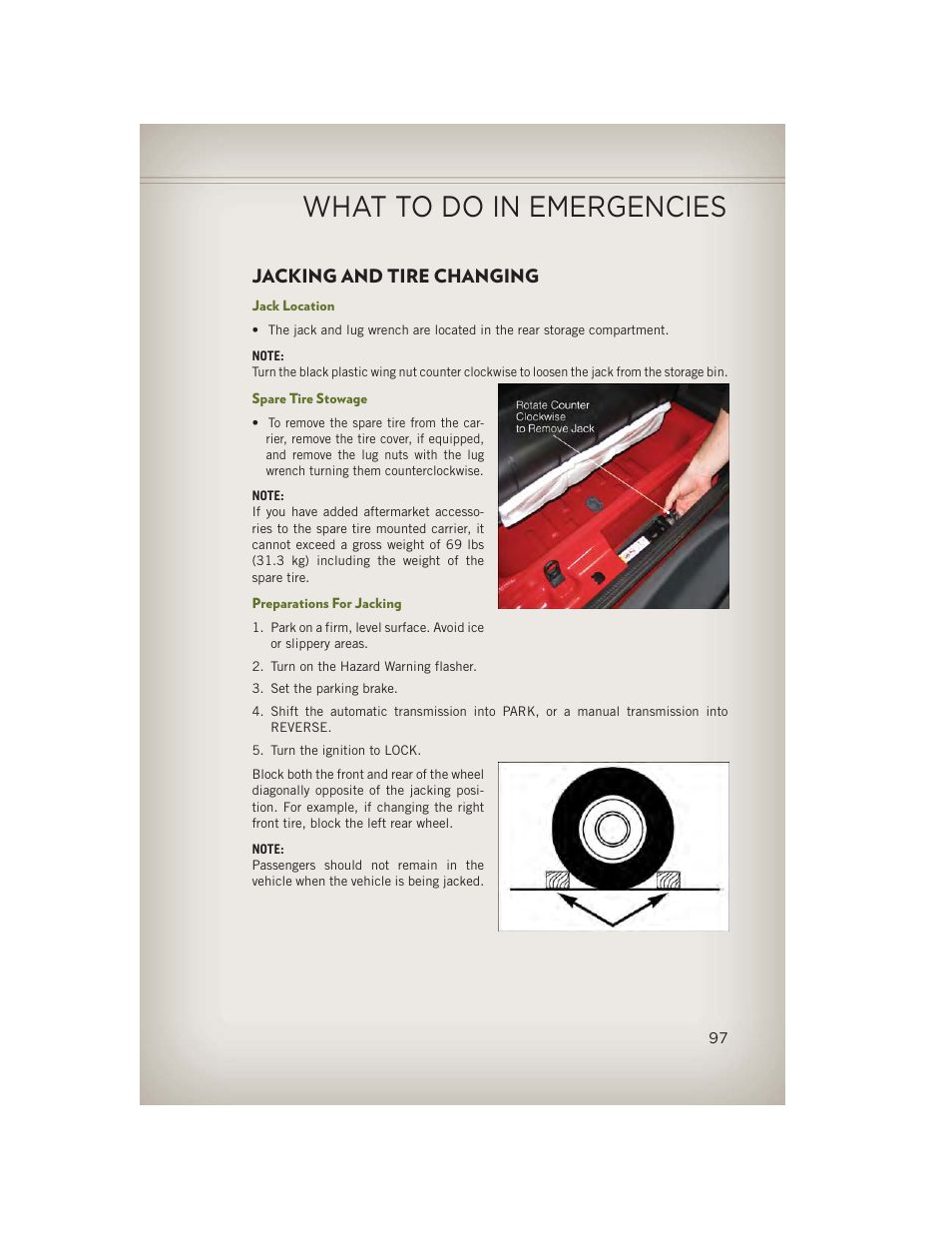 Jacking and tire changing, Jack location, Spare tire stowage | Preparations for jacking, What to do in emergencies | Jeep 2013 Wrangler - User Guide User Manual | Page 99 / 132