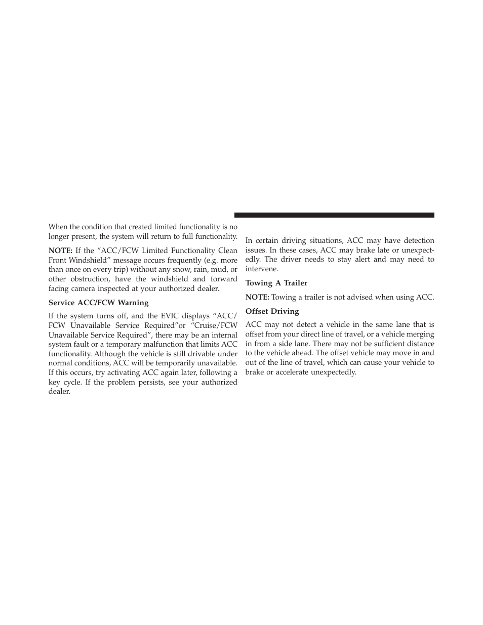 Service acc/fcw warning, Precautions while driving with acc, Towing a trailer | Offset driving | Jeep 2014 Cherokee - Owner Manual User Manual | Page 210 / 690