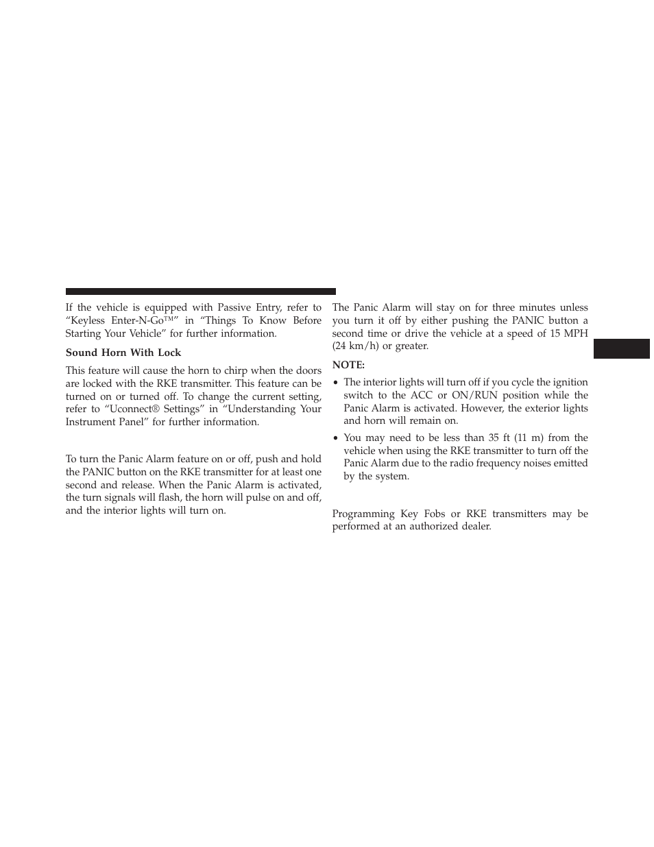 Sound horn with lock, Using the panic alarm, Programming additional transmitters | Jeep 2014 Cherokee - Owner Manual User Manual | Page 27 / 690