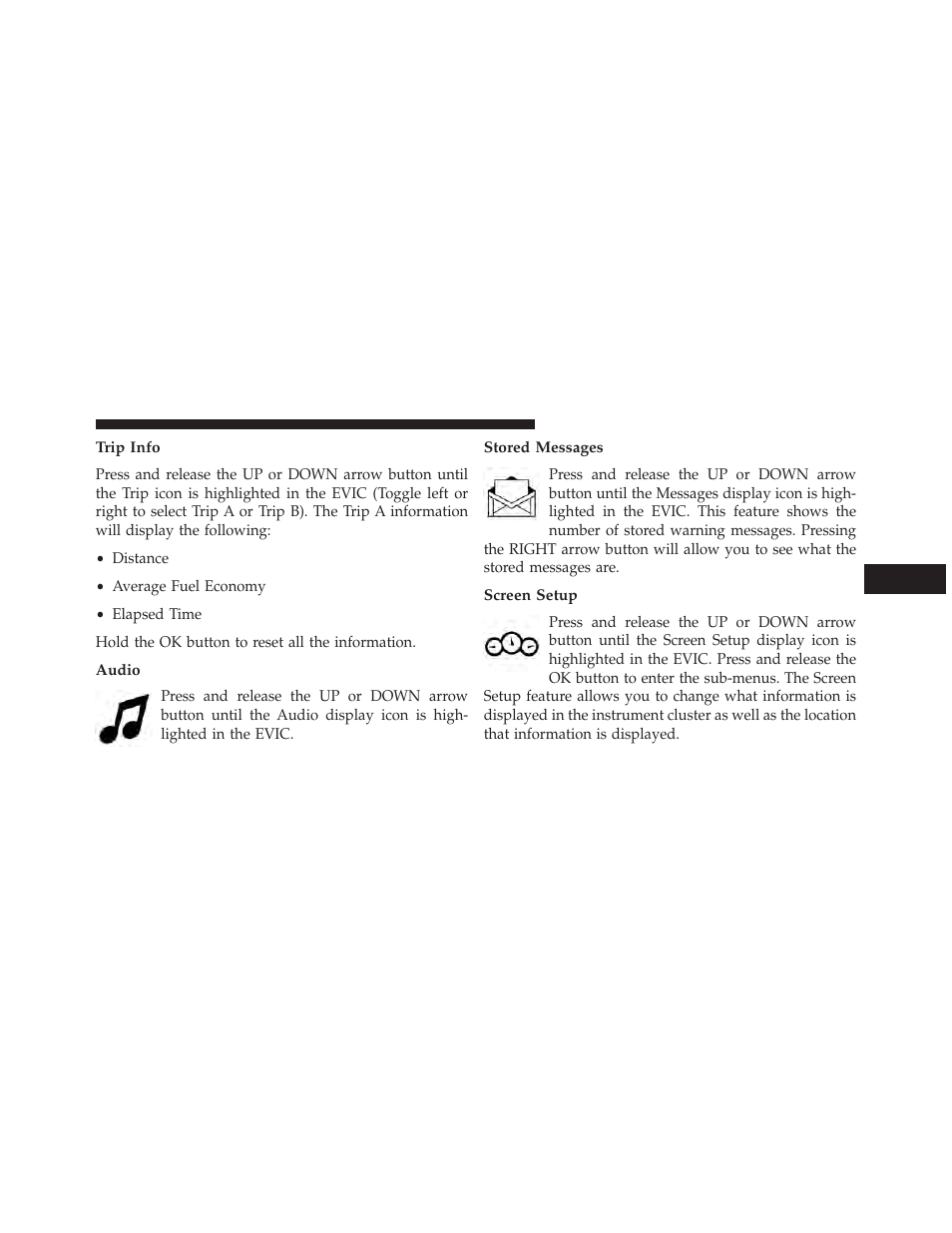 Trip info, Audio, Stored messages | Screen setup | Jeep 2014 Cherokee - Owner Manual User Manual | Page 369 / 690