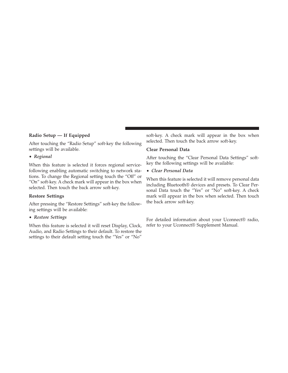 Radio setup — if equipped, Restore settings, Clear personal data | Uconnect® radios — if equipped | Jeep 2014 Cherokee - Owner Manual User Manual | Page 390 / 690